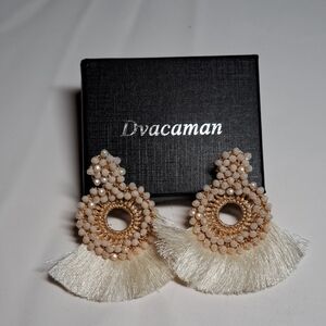 Ivory Beaded Tassel Earrings